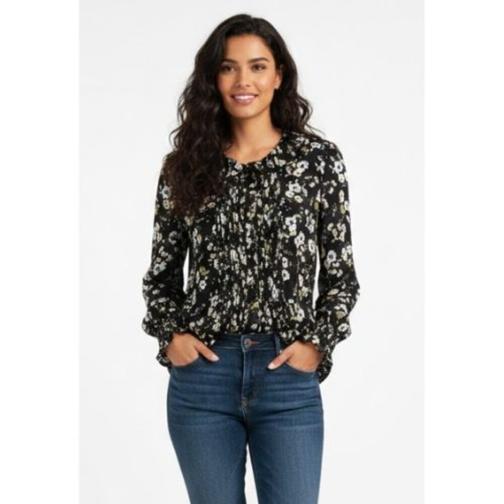 Zara Small Black and White Ruffled Long Sleeve Blouse with Peter Pan Col…